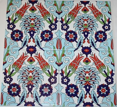 4 8"X8" (40cm x 40cm) Turkish Iznik Red Tulip & Floral Pattern Ceramic Tile - Image 1 of 2