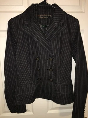 🎀RALPH LAUREN Denim Black Pinstripe Equestrian  Horse Head Button Blazer Size S - Image 1 of 4