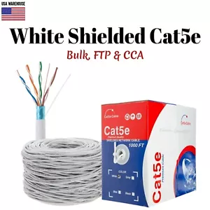 Shielded 1000ft Cat5e Cable White Network FTP Solid Ethernet Lan 24AWG Bulk Wire - Picture 1 of 7