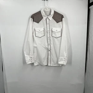 VTG Mens White Brown Gingham Pearl Snap Shirt Western Rockabilly Rodeo Ranch - Picture 1 of 12