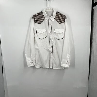 VTG Mens White Brown Gingham Pearl Snap Shirt Western Rockabilly Rodeo Ranch - Image 1 of 4