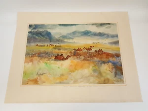 Vintage Mongolia watercolor painting signed O Hargare camels yurts 16x23 24x30 - Picture 1 of 20