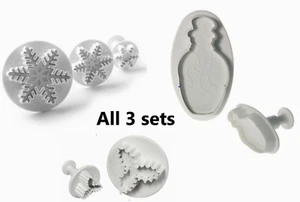 SNOWFLAKE HOLLY SNOWMAN VEINED PLUNGER CUTTERS XMAS CAKE CHRISTMAS PARTY FONDANT - Picture 1 of 8