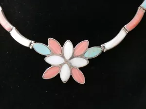 Vintage Sterling Silver Turquoise Red Coral Pearl Southwestern Necklace. #244 - Picture 1 of 8