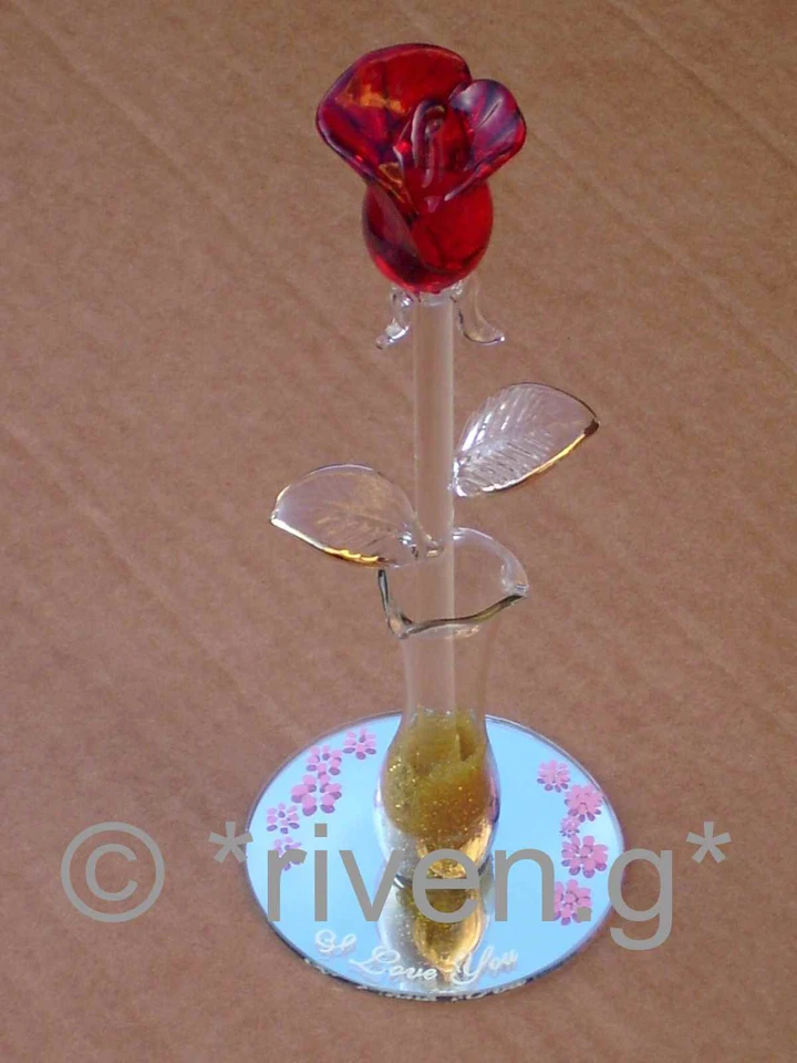 RED ROSE@SINGLE STEM ROSE@Vase@GLASS VALENTINE Gift@Engagement@Mirror@I LOVE YOU - Image 1 of 2