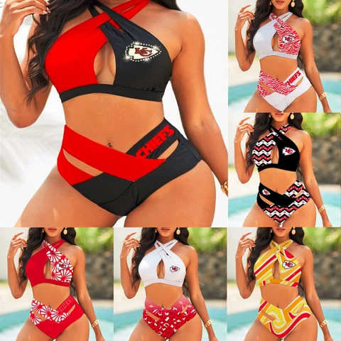 Kansas City Chiefs Criss Cross Swimsuit 2 Pieces Bikini Set Hollow Out Swimwear Cover