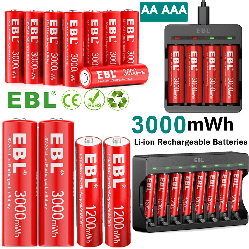 EBL AA AAA Rechargeable Lithium Li-ion Batteries 1.5V/ Optional 1.5V Charger Lot - Image 1 of 4