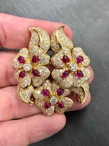 Elegant Flower Brooch Pin 2.70 Ct Oval Simulated Ruby 14k Yellow Gold Plated - Picture 1 of 7
