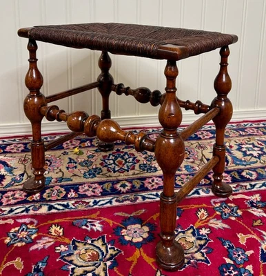 Antique English Rush Seat Bench Stool Joint Stool Turned Leg Carved Oak c. 1930s - Image 1 of 4
