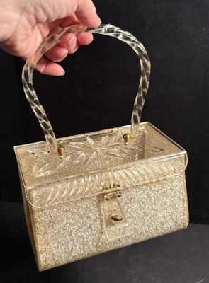 Vintage Original 1950s Lucite Carved Box Purse Pearl Gold Confetti VLV - Image 1 of 4