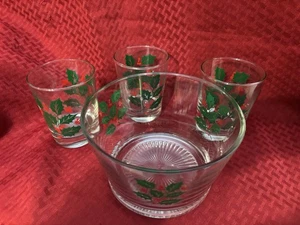 Bartlett Collins Holly Glasschale Weihnachten 3 Becher Servierschale Vintage - Bild 1 von 16