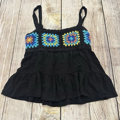 So Black Crochet Tiered Tank Top Size Small Boho Festival Granny Square - Image 1 of 4