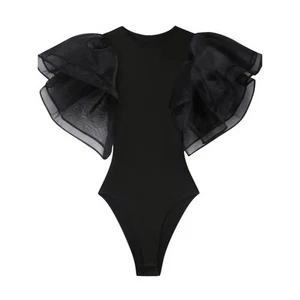 Chic Sexy Black Ruffle Bodysuit Elegant XL Gothic Party Cocktail Witchy Clubwear - Picture 1 of 5