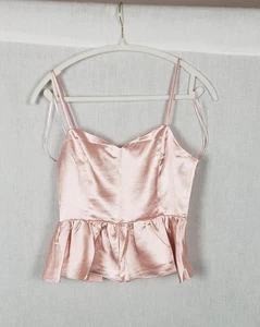 Schößchen Cami Bluse S rosa Satin seitlicher Reißverschluss gesmokt Party zierlich feminin sexy - Bild 1 von 8