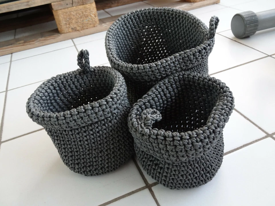 Paniers Tissés au Crochet Vide-Poches Gris Anthracite Fait Main France Vintage - Photo 1/4