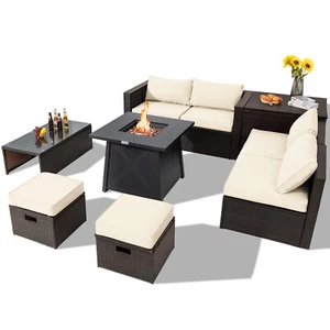 Patio 9PCS Rattan Furniture Set Space Saving 30” Fire Pit Table Off White Cover - Picture 1 of 10