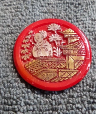 Vintage Antique Glass Picture Button ASIAN JAPANESE THEME - Image 1 of 4