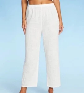 Xhilaration women casual cropped pom pom trim hem beach white pants sz Small NWT - Picture 1 of 7