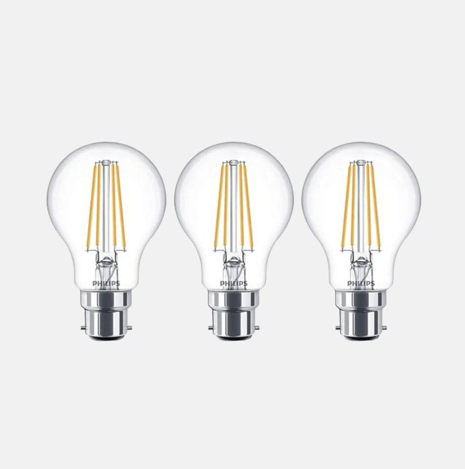 3x GLS LED BC B22 Bulbs 7w = 60w Warm White 2700k Clear Filament Philips Non Dim - Image 1 of 1
