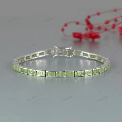 Natural Peridot Square Cut Gemstone Tennis Bracelet 925 Silver Bracelet for Gift - Image 1 of 4