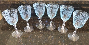FOSTORIA NAVARRE BLUE ETCHED LARGE CLARET WINE GLASSES, LOT OF 6 VINTAGE PERFECT - Picture 1 of 15