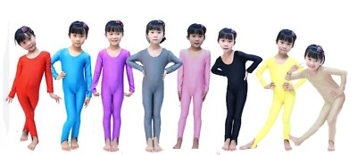 Kids Long Sleeve Dance Gymnastics Catsuit All In One Unitards Leotard Lycra - Image 1 of 4