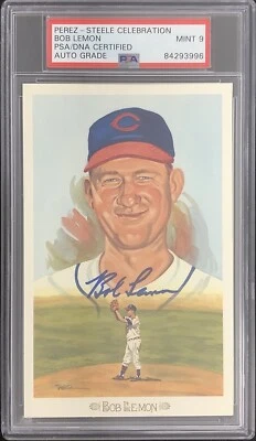 Bob Lemon Signed Perez Steele Celebration Postcard Indians PSA/DNA Auto Mint 9 - Image 1 of 3