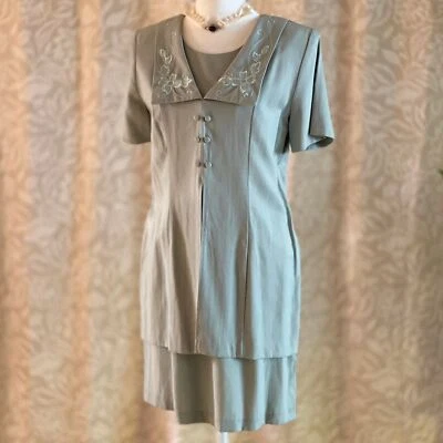 Vintage 90s Katlyn O’Farrel Sage Green Dress Embroidered Collar Modest Size 6 - Image 1 of 4