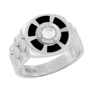 Hombres Plata de Ley Correa Reloj Estilo Redondo Ónice Negro Circonita Anillo - Imagen 1 de 2