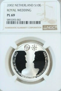 2002 NETHERLANDS SILVER 10 EURO S10E ROYAL WEDDING NGC PL 69 BEAUTIFUL TOP POP 1 - Picture 1 of 5