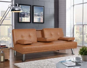 Faux Leather Futon w/ Cupholder Pillows Modern Convertible With 3 Back Positions - Picture 1 of 11