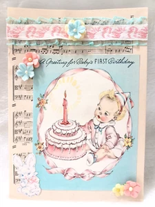 Quality Handcrafted Vintage Embellished Birthday Card OOAK! Cute First Bday 5x7 - Picture 1 of 7