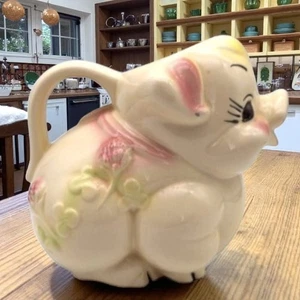 Large Shawnee Pig Pitcher 8" Pink Ribbons Florals 10" L x 7" W Farmhouse Style - Picture 1 of 15