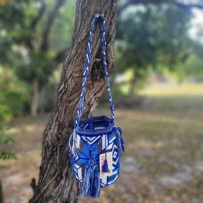 MUCHOS AZULES Colombianos 🇨🇴 Hecho a Mano Grande Tribu Wayuu Mochila Bucket Bolso Boho Foto 1 de 4