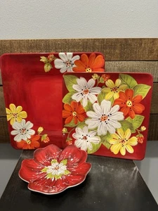 Laurie Gates Melamine Square Red Floral Plate Set of 4 Salad & 4 Dinner 4 Bread - Picture 1 of 9