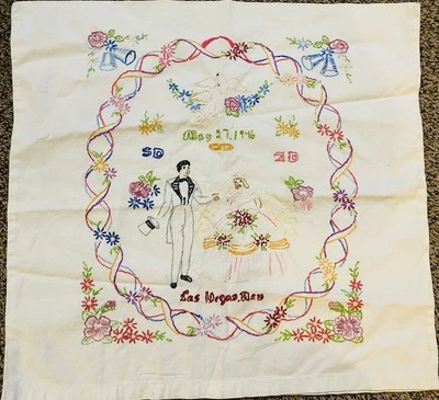 Vintage 1946 Hand Embroidered Cotton Pillow Cover Pillowcase Wedding Bride Groom - Image 1 of 4