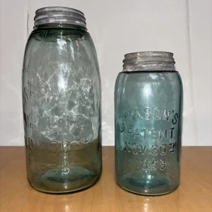 ANTIQUE FRUIT JAR ATLAS MASON'S PATENT NOV. 30TH 1858 1/2 GALLON + Qt ZINC Lid - Picture 1 of 12