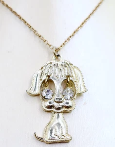 Vintage Gold Tone Metal Dog w Floating Rhinestone Eyes Pendant Chain Necklace - Picture 1 of 7