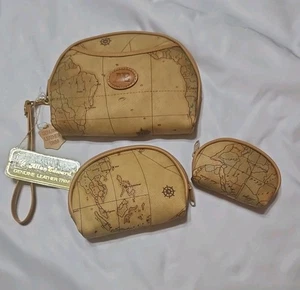 Cartera sin asas Allan Edward AE mapa del mundo 3 piezas maquillaje moneda ribete de cuero nueva con etiquetas - Imagen 1 de 6