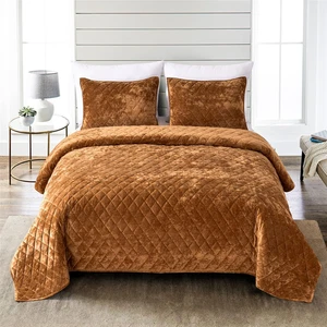 Distressed Velvet Quilt Set, 3 Stück Caramel Gold Queen, Distressed Velvet Face - Bild 1 von 6