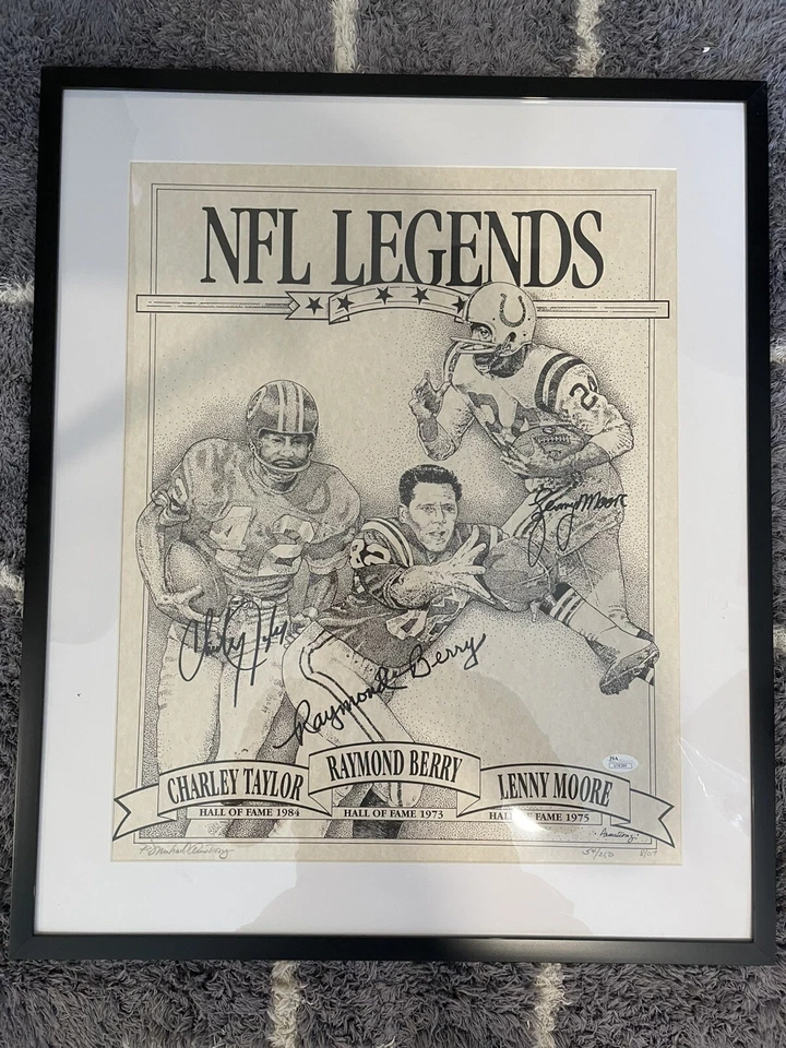 NFL HOF SIGNED 16x20 FRAMED PHOTO Raymond Berry, Lenny Moore, & Charley Taylor! - Image 1 of 4