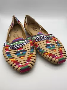 Sandy Exclusivas Womens Leather And Rainbow Fabric Mexican Shoes - Picture 1 of 10