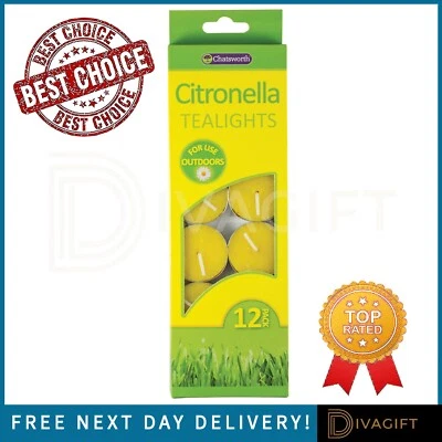 12 x CITRONELLA TEALIGHTS TEA LIGHT SCENTED CANDLE FOR MOSQUITO INSECT REPELLENT - Image 1 of 4