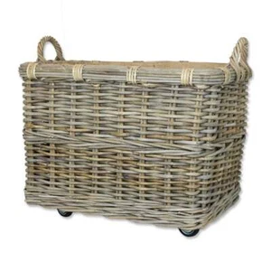 Large Rectangular Wheeled Wicker Log Basket Grey & Buff Rattan Woven Wood Store - Picture 1 of 7
