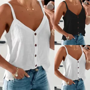 Womens V-Neck Sleeveless Cami Tank Tops Summer Ladies Casual Loose Blouse Tee - Picture 1 of 10