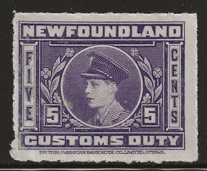 NEWFOUNDLAND 1925 5 Cents CUSTOMS DUTY - MH - Picture 1 of 2