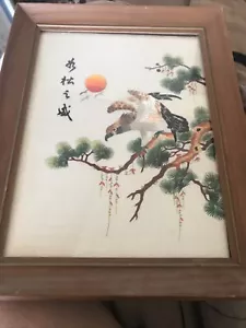 Chinese - Embroidered - Silk - Panel - Eagle - Bird - Tree - Framed - 12”x9” Art - Picture 1 of 4