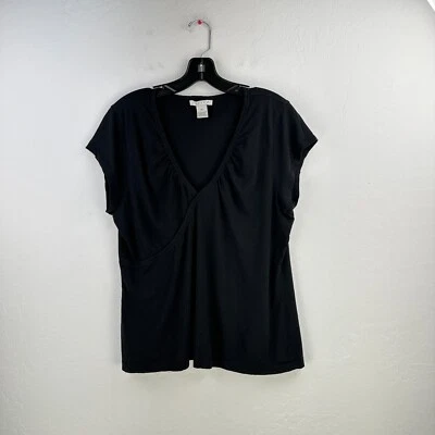 Tweeds Top Womens XL Black Cotton Short Sleeve Vneck Minimalist Blouse Casual - Image 1 of 4