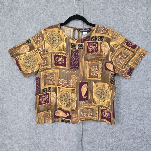 Vintage 90s Sag Harbor Petite Blouse Women Medium Earth Tone Patchwork