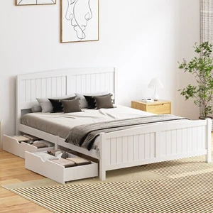 Oikiture Wooden Bed Frame Quenn Double King Single Base with Drawers White META - Picture 1 of 48